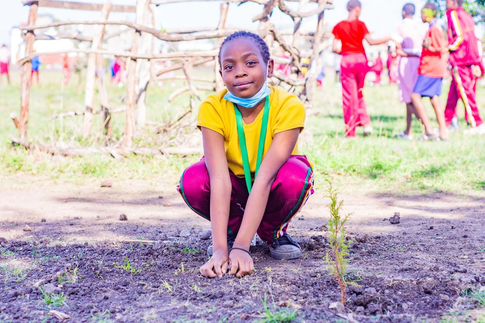A student kneeling beside a young sapling planted in dark soil